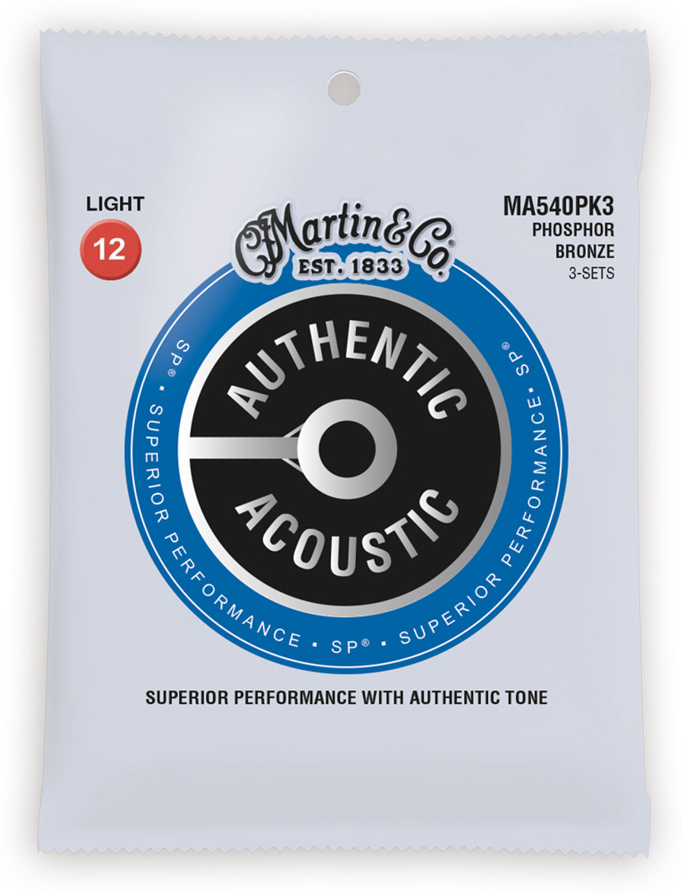 Martin 3 Pack MA540PK3 SP Phosphor Bronze Authentic Acoustic Guitar Strings  Light 12-54