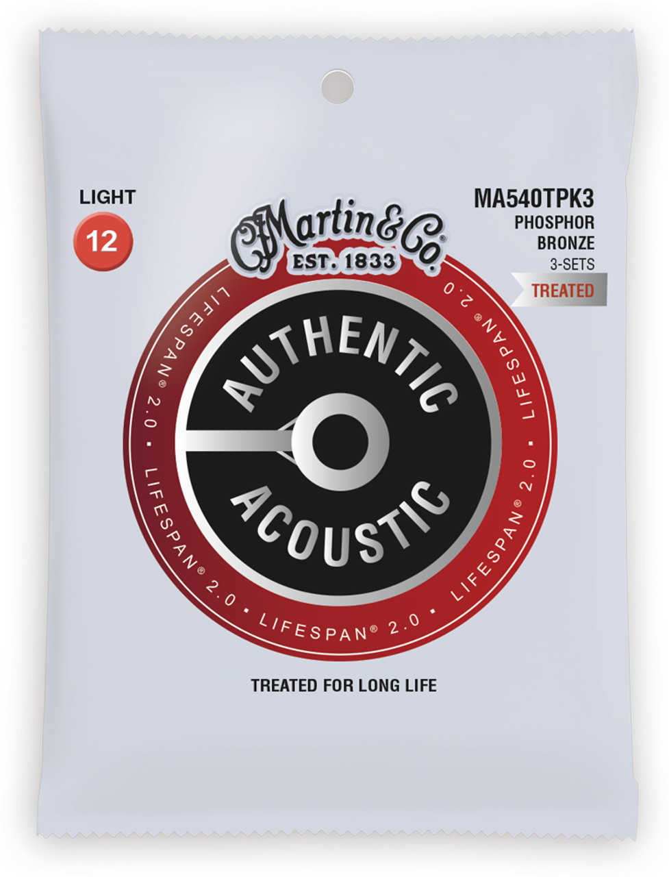 Martin 3 Pack MA540TPK3 Lifespan Treated Phosphor Bronze Authentic Acoustic  Guitar Strings Light 12-54