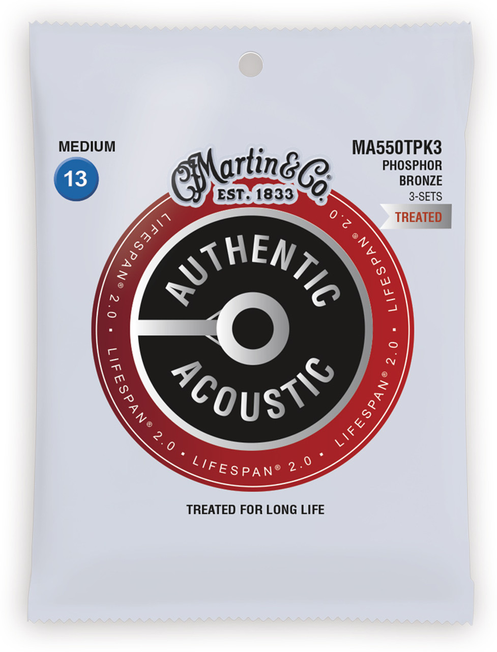 Martin 3 Pack MA550TPK3 Lifespan Treated Phosphor Bronze Authentic Acoustic  Guitar Strings Medium 13-56