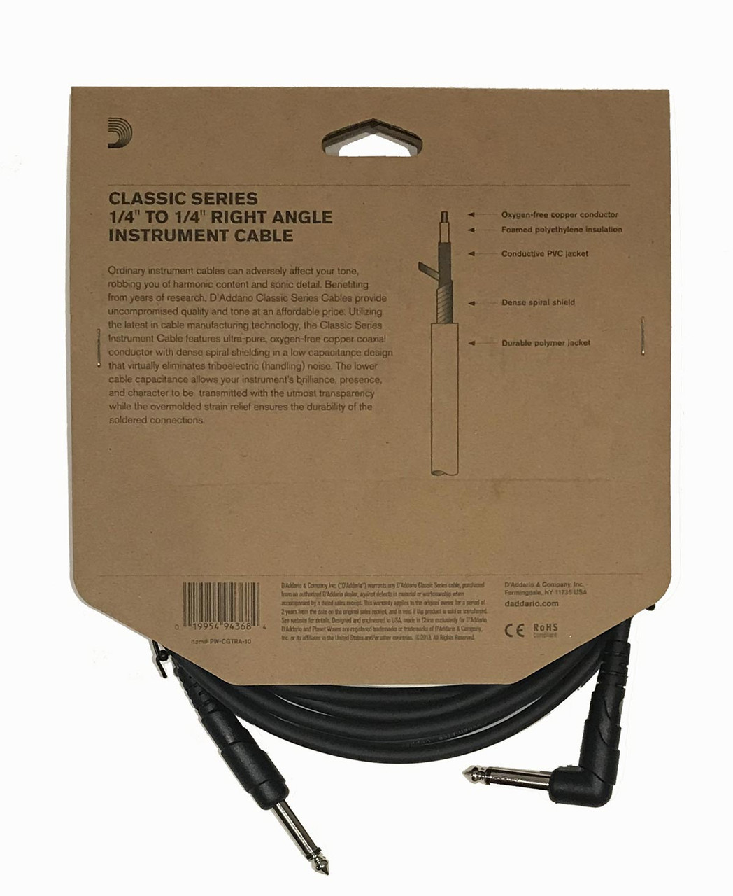D'Addario Classic Series Instrument Cable PW-CGTRA-10 10 Ft. - 1/4