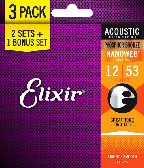 Elixir Phosphor Bronze Nanoweb Acoustic Guitar Strings Bonus Pack - 3 Sets for the Price of 2! 16545 Light 12-53