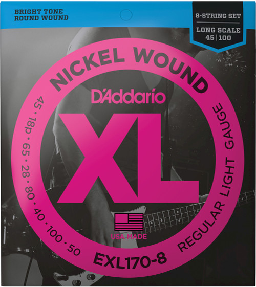 D'Addario EXL170-8 XL Nickel Wound 8-String Electric Bass Strings, 45-100