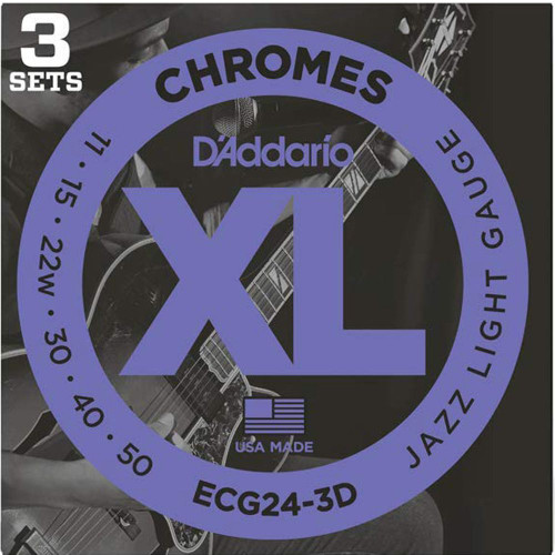 D'Addario 3 Pack Chromes Flat Wound Electric Guitar Strings ECG24-3D Jazz Light 11-50