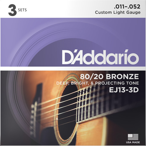 D'Addario 3 Pack EJ 80/20 Bronze Acoustic Guitar Strings EJ13-3D Custom Light 11-52