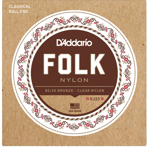 D'Addario EJ Ball End Nylon Folk Guitar Strings, Normal Tension EJ33 Clear 80 20 Bronze