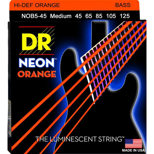 DR Hi-Def Neon Orange K3 Coated Electric Bass Strings NOB5-45 Med 5 String 45-125