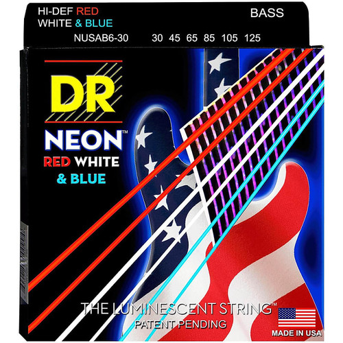DR Hi-Def Neon Red White & Blue K3 Coated Electric Bass Strings NUSAB6-30 6 String 30-125