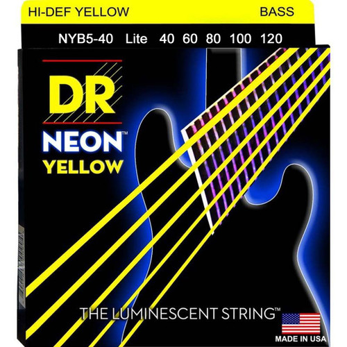 DR Hi-Def Neon Yellow K3 Coated Electric Bass Strings NYB5-40 Lite 5s 40-120