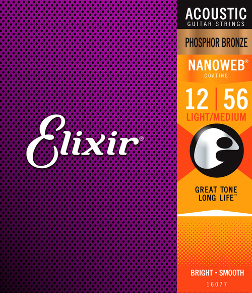 Elixir 16077 Phosphor Bronze Nanoweb Coated Acoustic Guitar Strings Light-Medium 12-56
