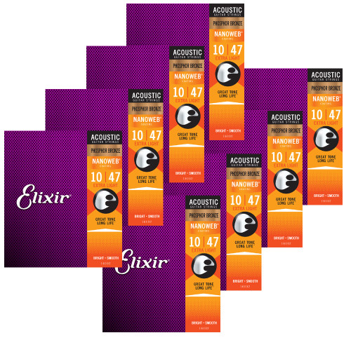 Elixir 8 Pack Anti-Rust Phosphor Bronze Nanoweb Coated Acoustic Guitar  Strings 16077-8P Light Medium 12-56