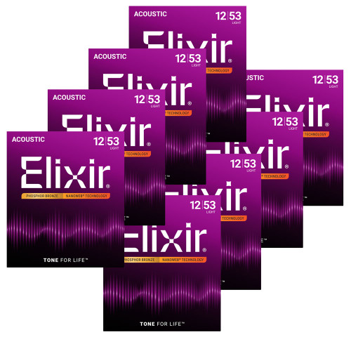 Elixir 8 Pack Phosphor Bronze Nanoweb Coated Acoustic Guitar Strings 16052-8P Light 12-53
