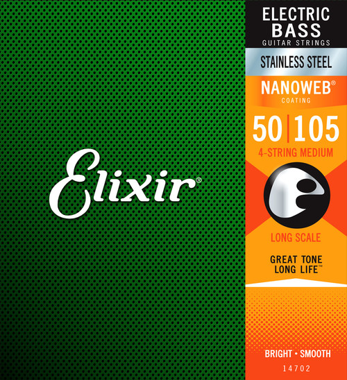 Elixir 14702 Stainless Steel Nanoweb Coated 4 String Bass Strings Medium Long Scale 50-105