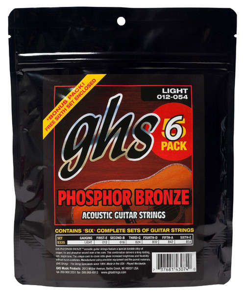 GHS Phosphor Bronze Acoustic Guitar Strings - 6 Pack S325-6P Light 12-54