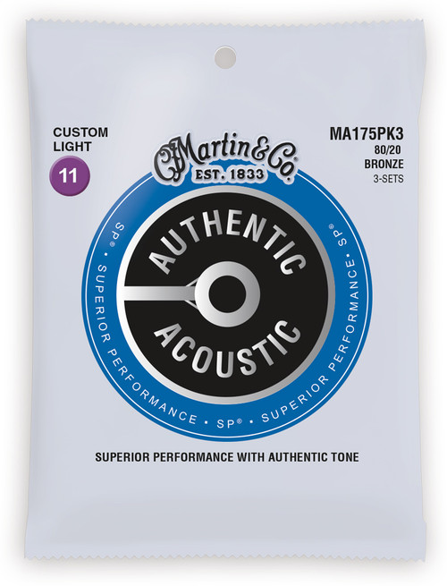 Martin 3 Pack MA175PK3 SP 80/20 Bronze Authentic Acoustic Guitar Strings Custom Light 11-52