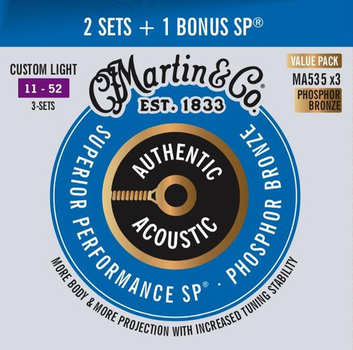 Buy 2 Sets Get 1 Free - Martin MA535 SP Phosphor Bronze Authentic Acoustic Guitar Strings Custom Light 11-52 3 Pack