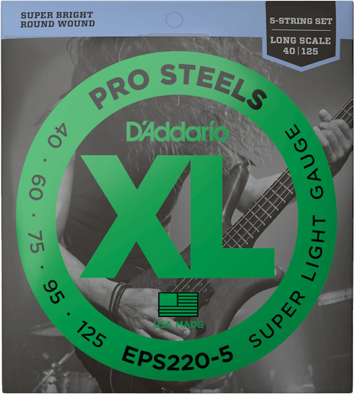 D'Addario XL ProSteels Electric Bass Guitar Strings EPS220-5 5-String Long Scale Super Light 40-125