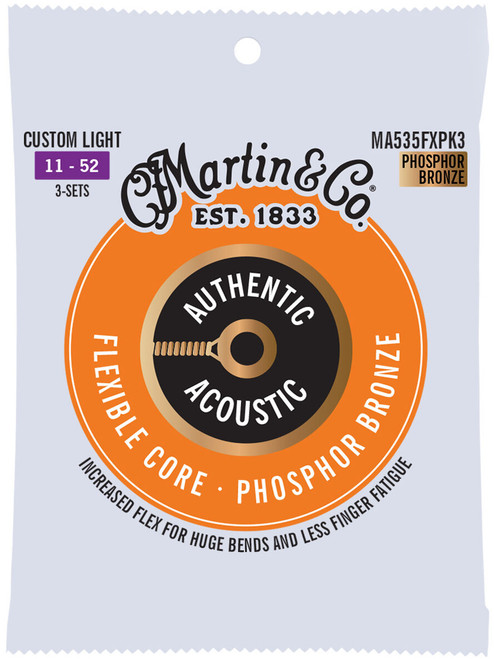 3 Pack - Martin Flexible Core Phosphor Bronze Authentic Acoustic Guitar Strings MA535FX Custom Light 11-52