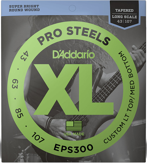 D'Addario XL ProSteels Electric Bass Guitar Strings EPS300 Long Scale Custom Light 43-107