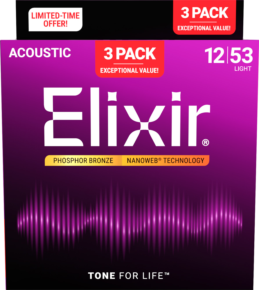 Elixir 3 Pack Phosphor Bronze Nanoweb Acoustic Guitar Strings 16569 Light 12-53