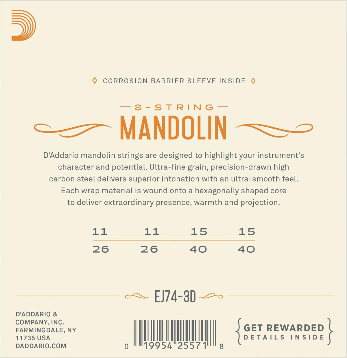 D'Addario EJ74 3 Pack Phosphor Bronze Mandolin Strings Loop End