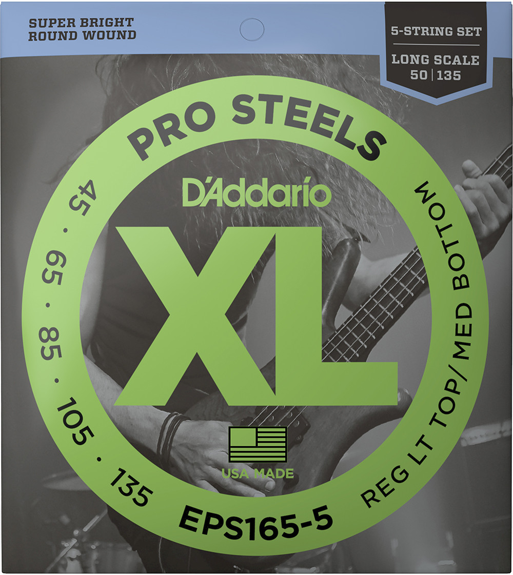 D'Addario XL ProSteels Electric Bass Guitar Strings EPS165-5 5