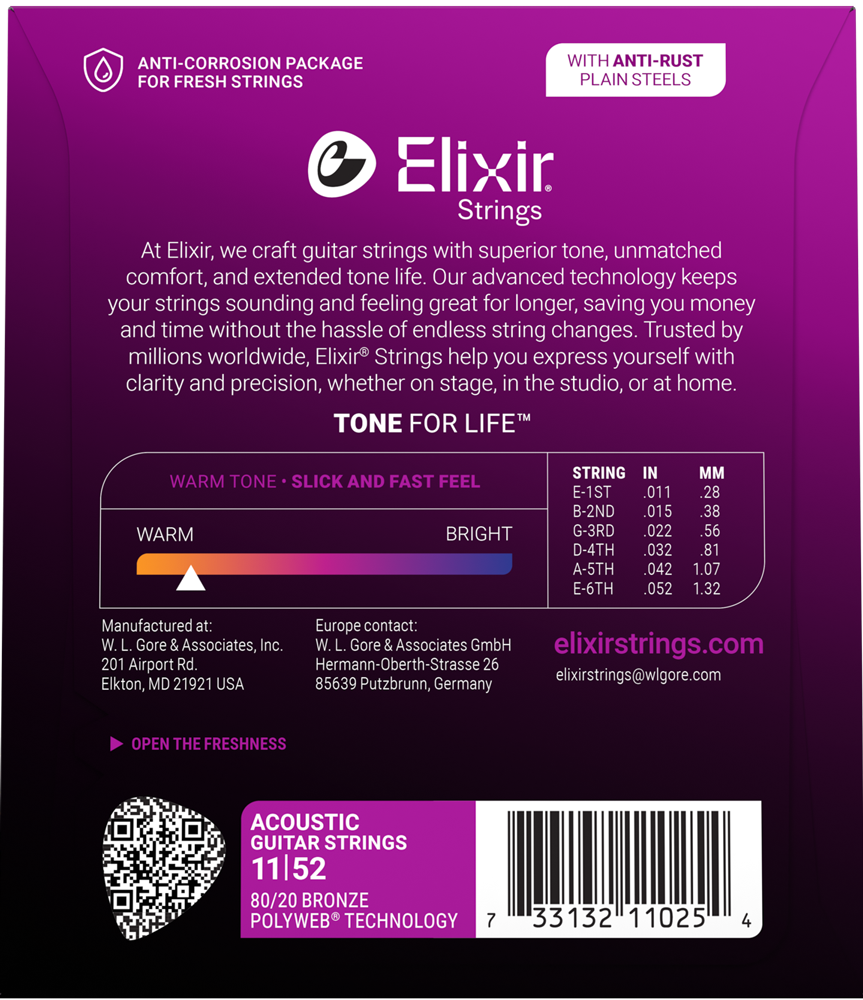 Elixir Polyweb Coated 80/20 Bronze Acoustic Guitar Strings 11025