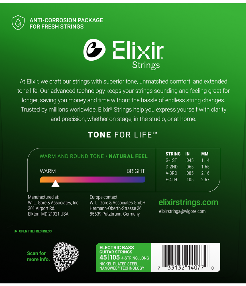 Elixir Nanoweb Coated Long Scale 4-String Bass Strings 14077 Light