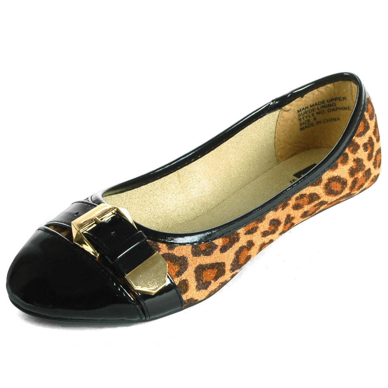 black flat shoes with gold buckle