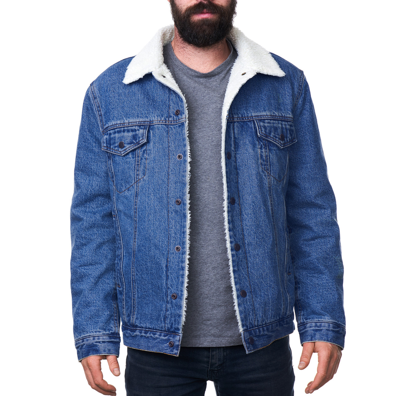 Light Blue Denim Mens Sherpa Collar Denim Jacket Oversized Borg