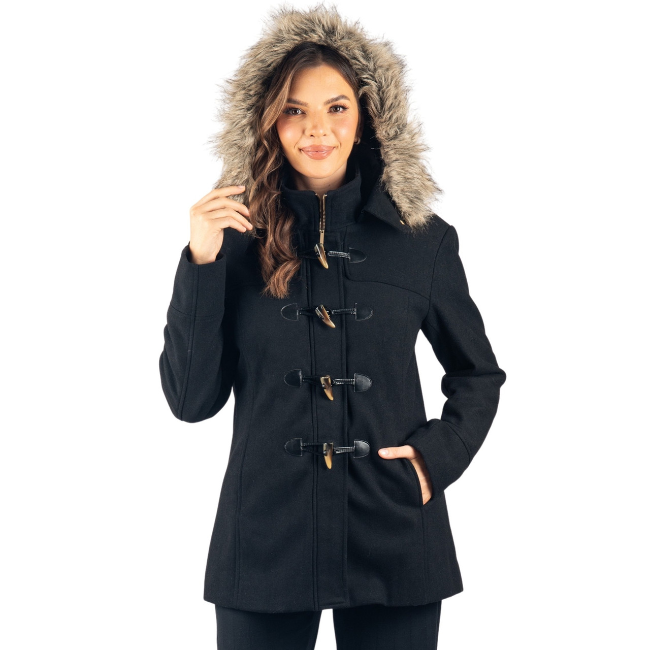 Alpine Swiss Duffy Womens Wool Blend Toggle Coat Removable Faux Fur Hood  Classic Duffle Overcoat Mid-Thigh Warm Winter Jacket Wool Coat Women\'S Winter Jacket Womens Zip Up Hoodies Long Sleev 並行輸入品