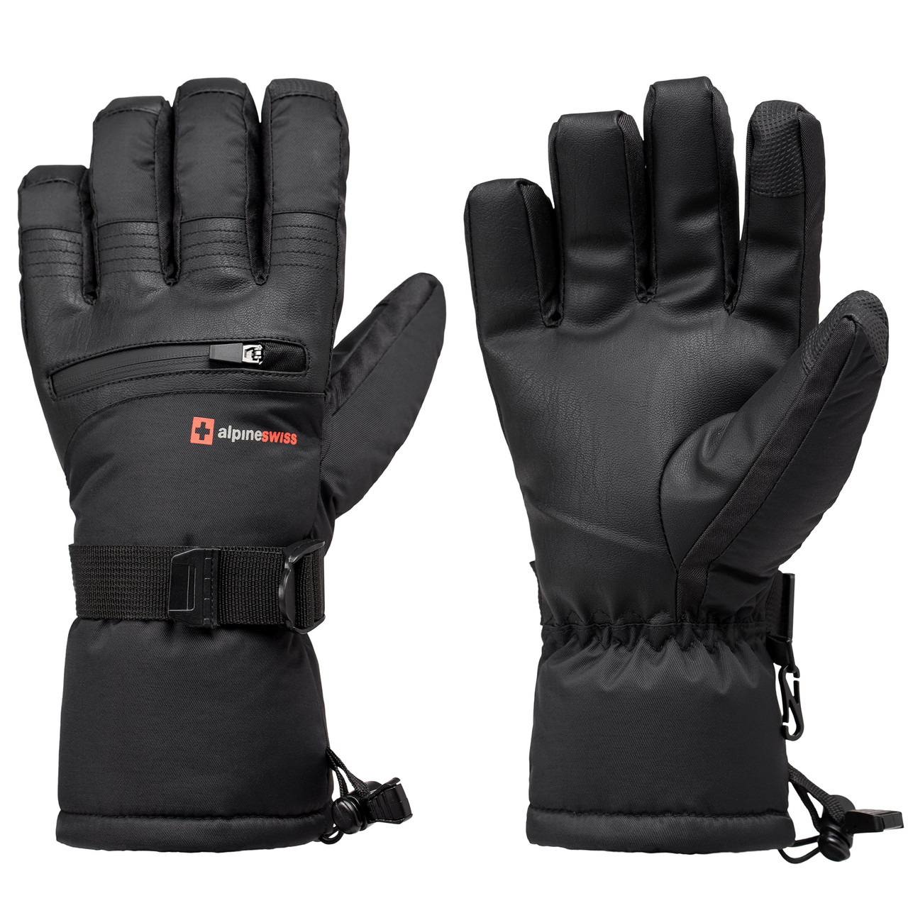 Alpine Swiss Mens Waterproof Snow Ski Gloves Gauntlet Mittens with Zipper Pockets Winter Snowboarding Windproof 3M Thinsulate Black Mitten Small