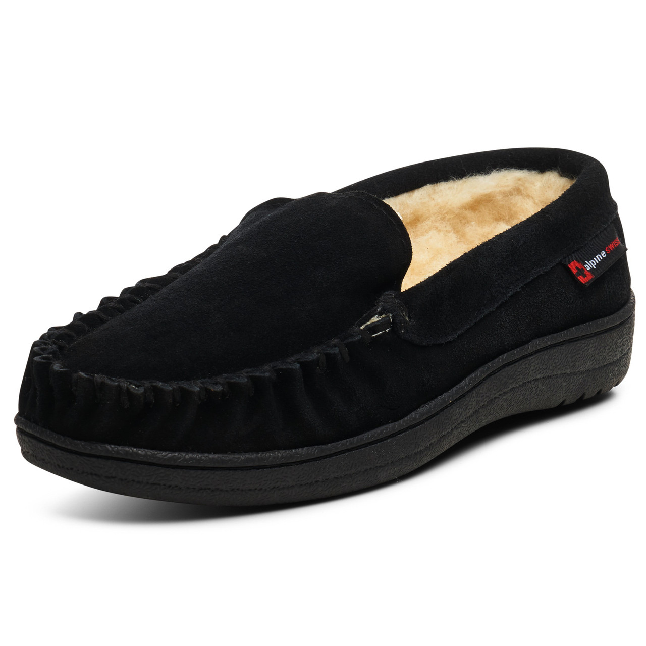 Alpine Swiss Men’s Moccasin Slippers Genuine Suede Slip-On House Shoes  Memory Foam Insoles Plush Faux Shearling Lining Comfortable Indoor Outdoor 