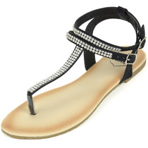 Alpine Swiss Womens Rhinestone T-Strap Sandals Ankle Strap Flat Summer Shoes Size