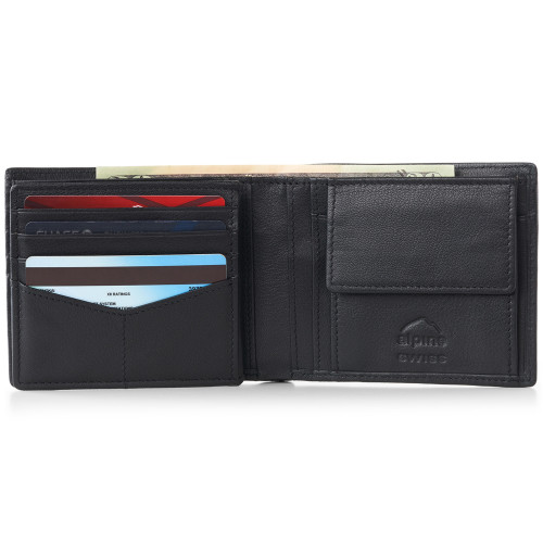 Alpine Swiss RFID Safe Mens Leather Wallet Deluxe Capacity Coin Pocket Bifold Size
