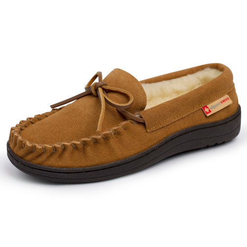 Alpine Swiss Sabine Womens Moccasin Slippers Genuine Suede House Shoe Memory Foam Insole Plush Faux Shearling Fur Indoor Outdoor Anti-Slip Rubber Sole