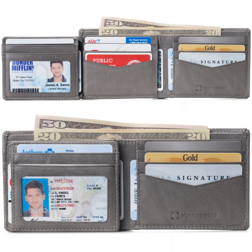 Alpine Swiss Mens Leather RFID Bifold Wallet 2 ID Windows Divided Bill Section