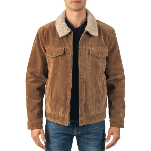 Alpine Swiss Aaron Mens Trucker Jacket | Sherpa Lined Faux Leather | Removable Collar | Warm Winter Coat | 5 Pockets Size