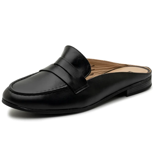 Alpine Swiss Linda Womens Leather Mule Loafers Backless Penny Loafers Dressy Mule Slides Comfortable Slip On Flats Work Shoes