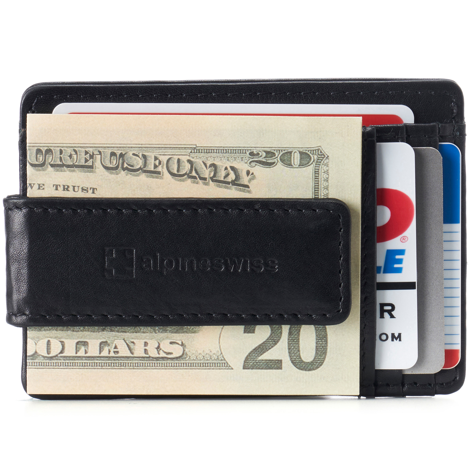 Contacts Genuine Leather Money Clip Wallet Slim Front Pocket with 11 Card Slots Card Holder Minimalist Mini Bifold for Men (Black)
