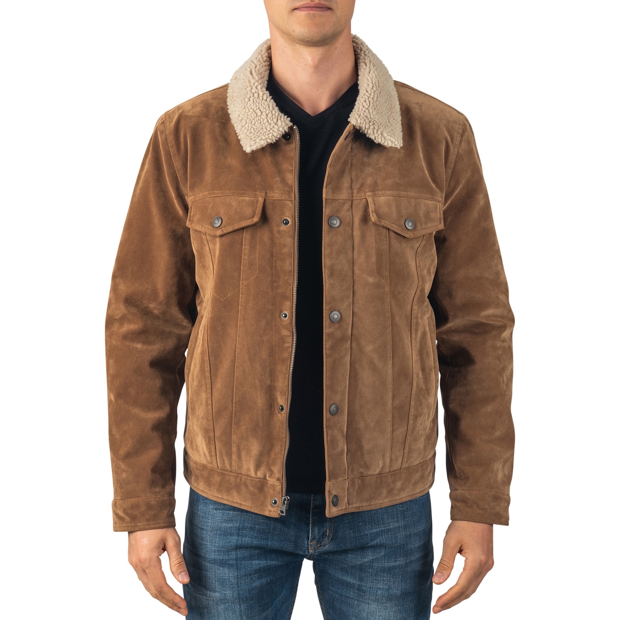 toujours 原色ジャコブウールブランケット Alpine Swiss Aaron Mens Trucker Jacket | Sherpa Lined Faux Leather