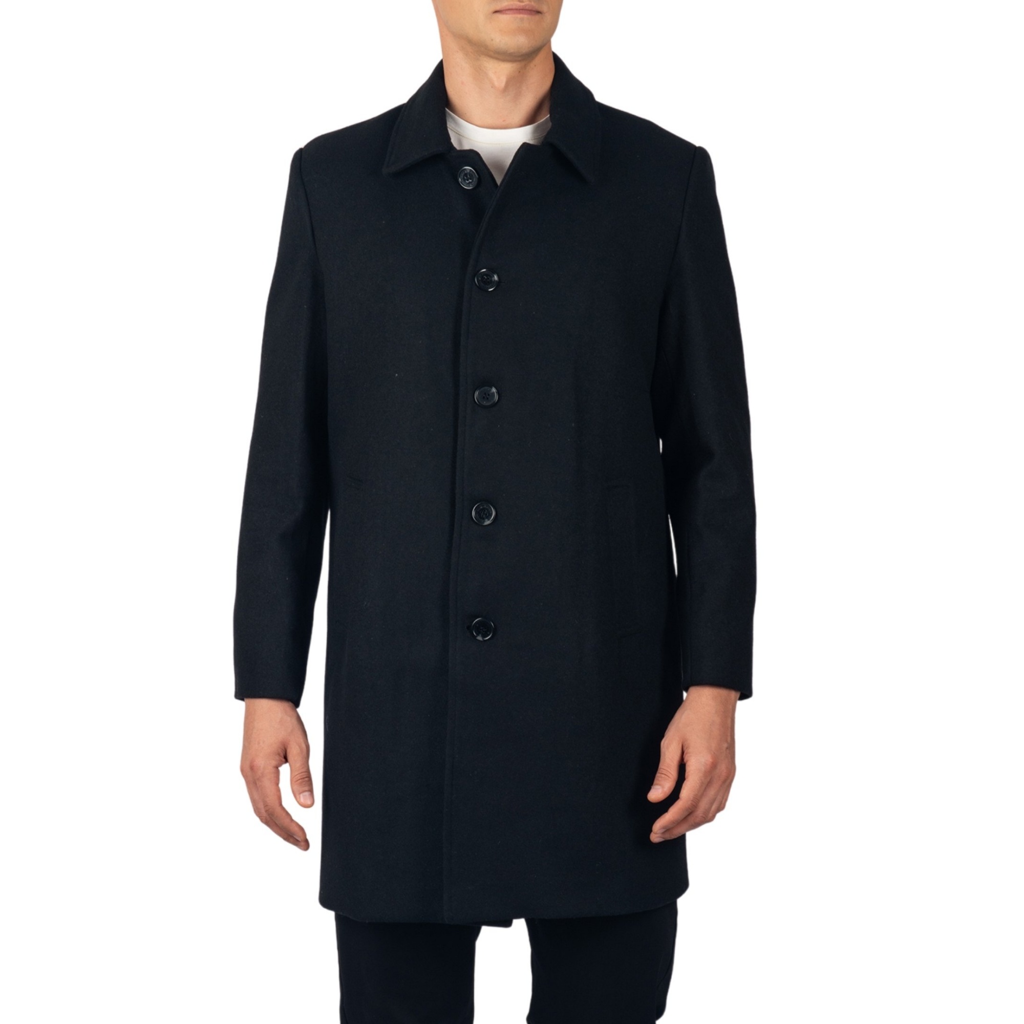 mens winter dress overcoats Men's Dark Navy Blue Wool Overcoat with Fur Collar, Winter Coat for Male