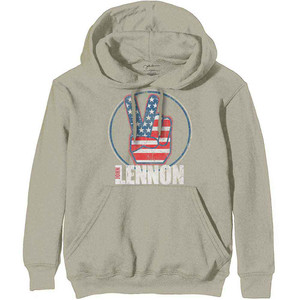John Lennon Unisex Pullover Hoodie: Peace Fingers US Flag (Sand) John Lennon Unisex Pullover Hoodie: Peace Fingers US Flag (Sand)