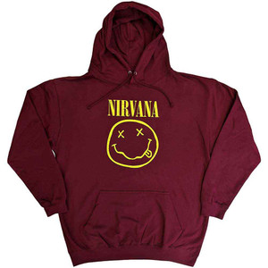 Nirvana Unisex Pullover Hoodie: Yellow Happy Face (Maroon Red) Nirvana Unisex Pullover Hoodie: Yellow Happy Face (Maroon Red)