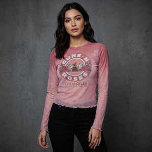 Guns N' Roses Ladies Long Sleeve Mesh Crop Top: Bullet Seal (Pink)