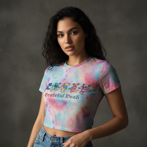 Grateful Dead Ladies Crop Top: Dancing Bears (Light Blue) (Mesh)