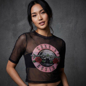 Guns N' Roses Ladies Mesh Crop Top: Pink Tint Bullet Logo (Black)