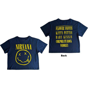 Nirvana Ladies Crop Top: Yellow Happy Face Flower Sniffin (Denim Blue) (Back Print) Nirvana Ladies Crop Top: Yellow Happy Face Flower Sniffin (Denim Blue) (Back Print)