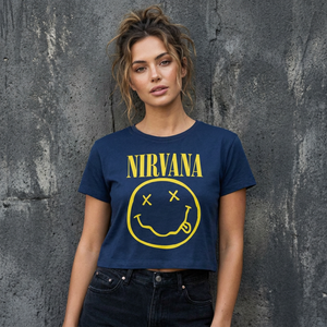 Nirvana Ladies Crop Top: Yellow Happy Face Flower Sniffin (Denim Blue) (Back Print)