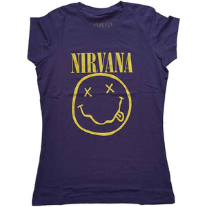 Nirvana Ladies T-Shirt: Yellow Happy Face (Purple) Nirvana Ladies T-Shirt: Yellow Happy Face (Purple)