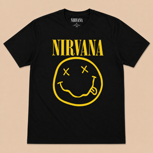 Nirvana Unisex T-Shirt: Yellow Happy Face (Black)